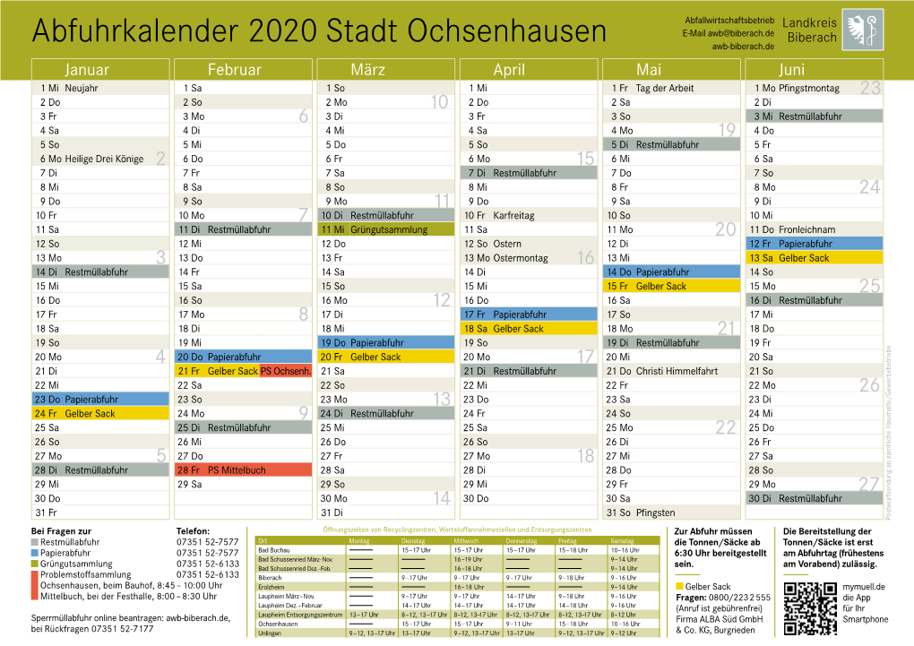 Abfuhrkalender 2020 Stadt Ochsenhausen