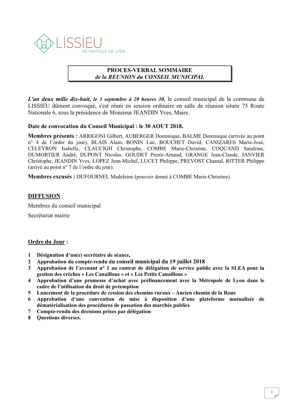 Conseil Municipal Du 03 Septembre 2018