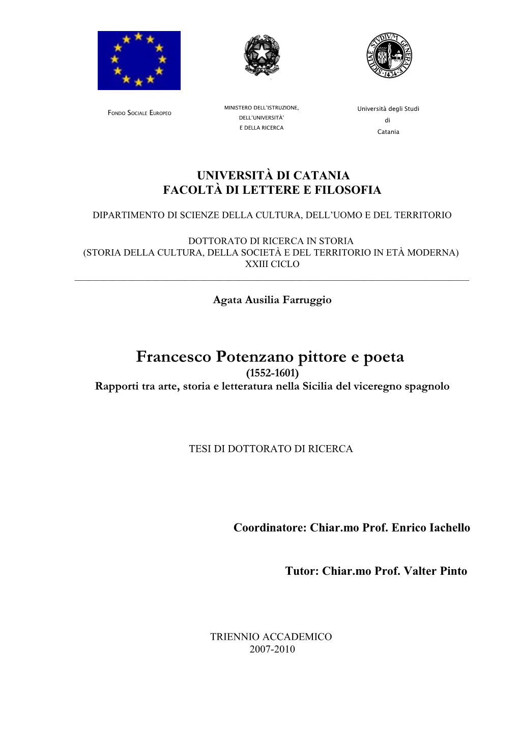 Francesco Potenzano Pittore E Poeta (1552-1601) Rapporti Tra Arte, Storia E Letteratura Nella Sicilia Del Viceregno Spagnolo