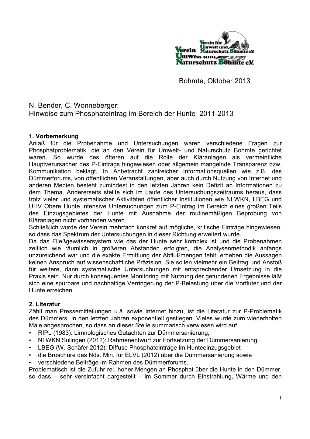 Hinweise Zum Phosphateintrag Im Bereich Hunte 2011-2013