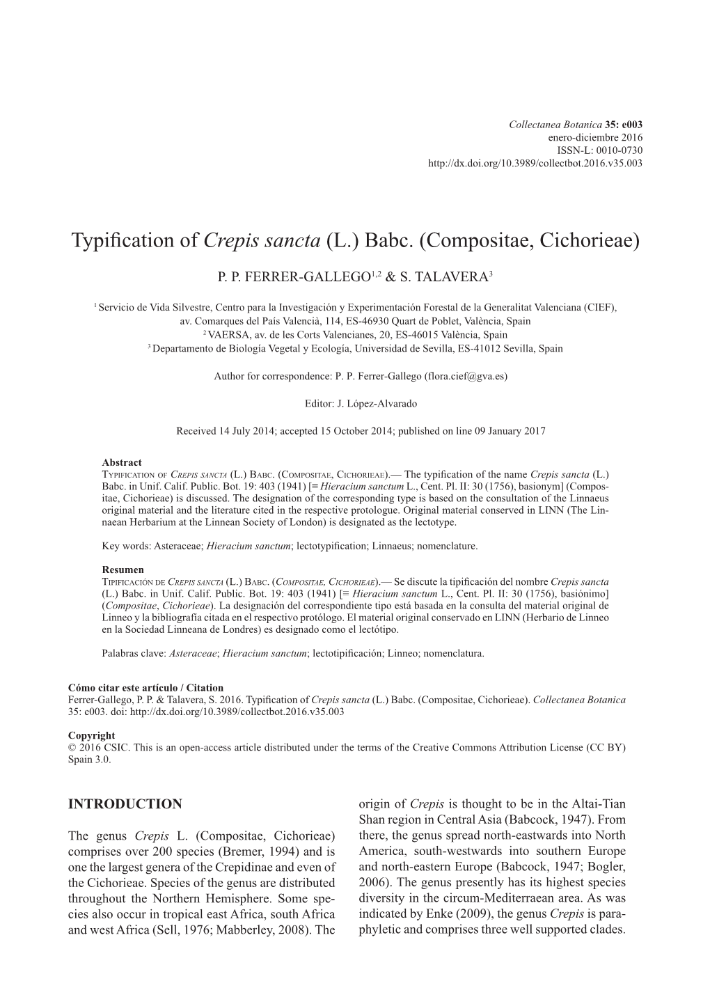 (Compositae, Cichorieae) ; Typification of Crepis Sancta
