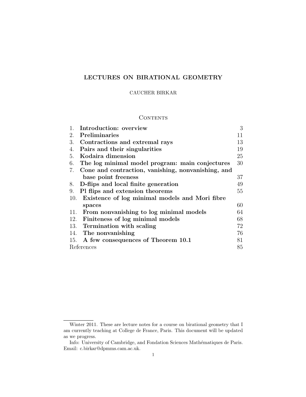 LECTURES on BIRATIONAL GEOMETRY Contents 1. Introduction