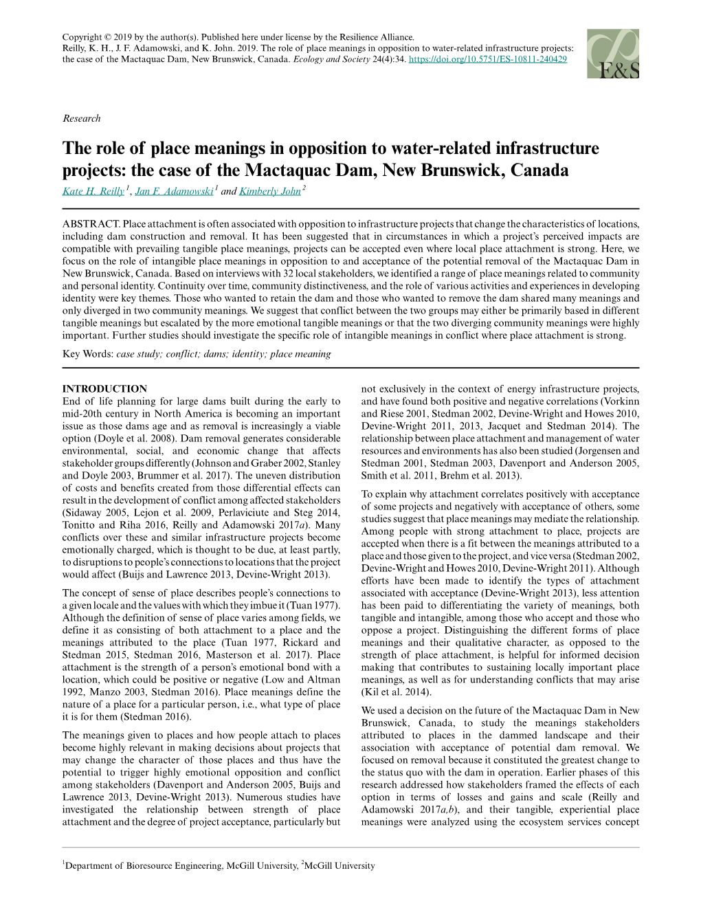 The Role of Place Meanings in Opposition to Water-Related Infrastructure Projects: the Case of the Mactaquac Dam, New Brunswick, Canada