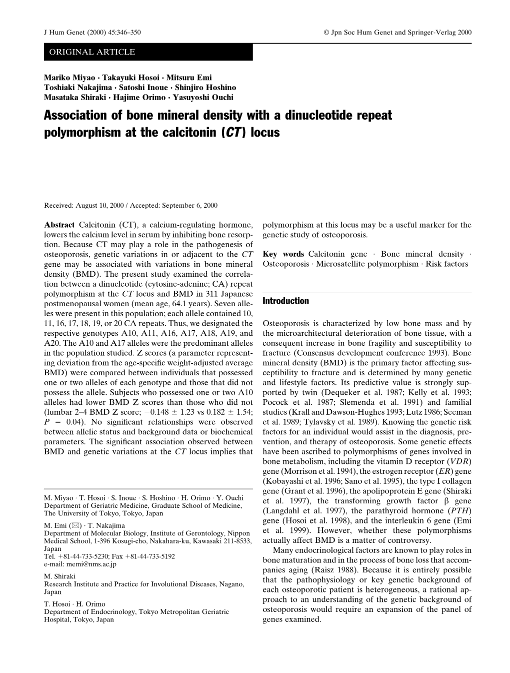 Association of Bone Mineral Density with a Dinucleotide Repeat Polymorphism at the Calcitonin (CT ) Locus