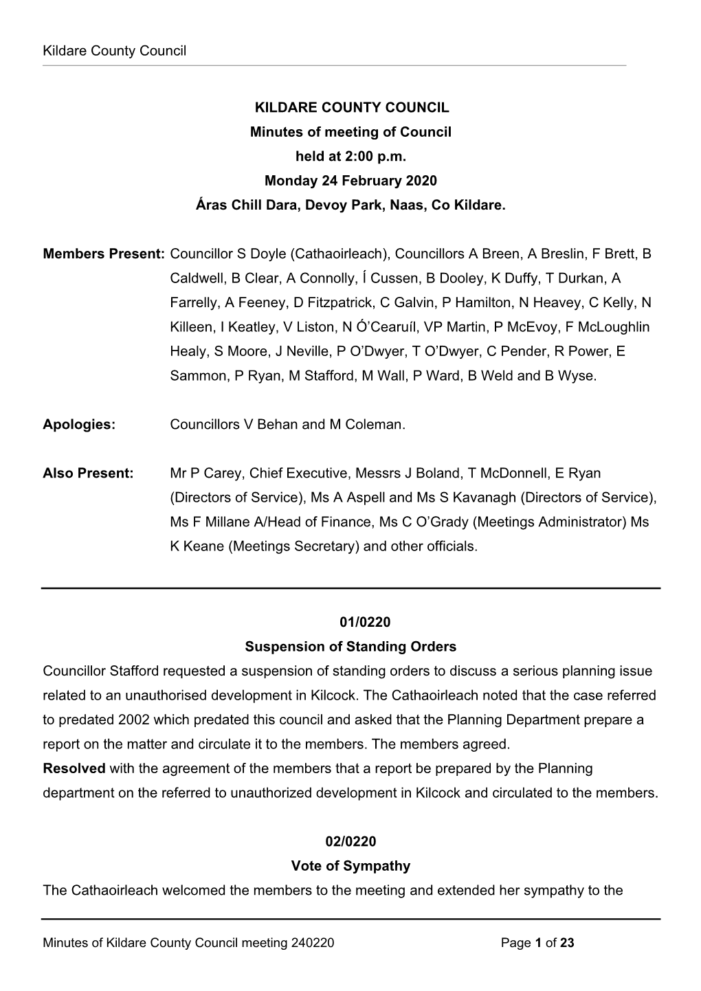 Minutes for Kildare County Council Meeting 24 February 2020