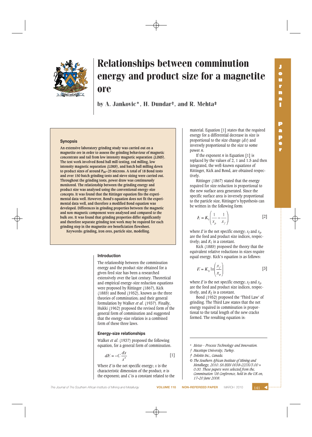 Relationships Between Comminution Energy and Product Size for a Magnetite Ore