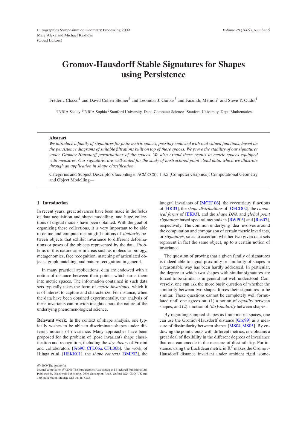 Gromov-Hausdorff Stable Signatures for Shapes Using Persistence