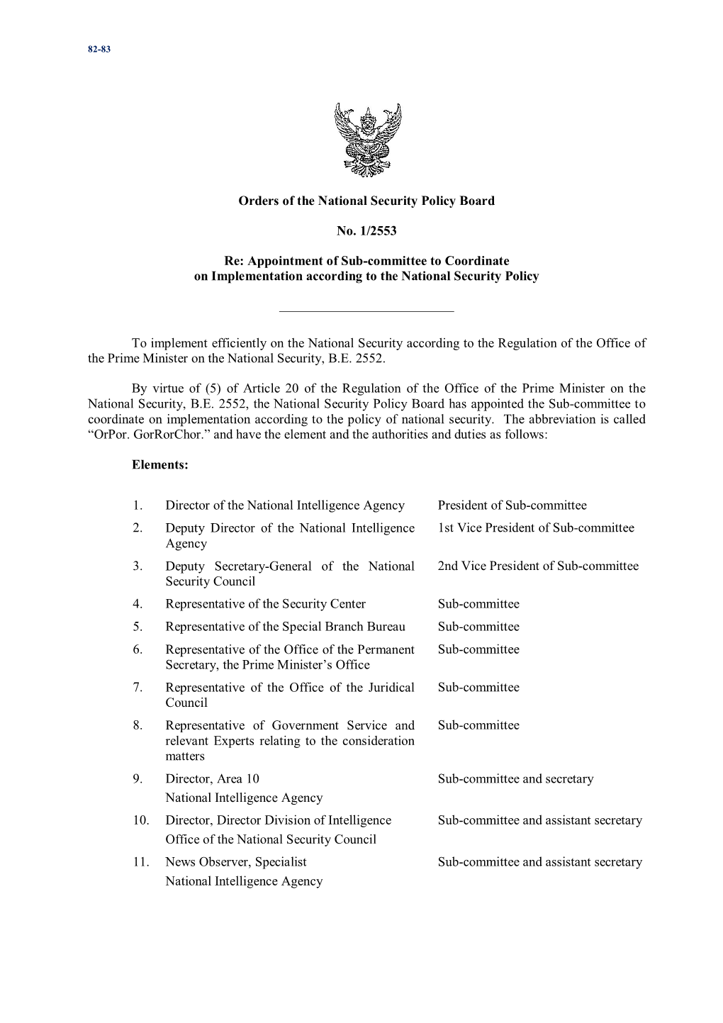 Orders of the National Security Policy Board No. 1/2553 Re: Appointment