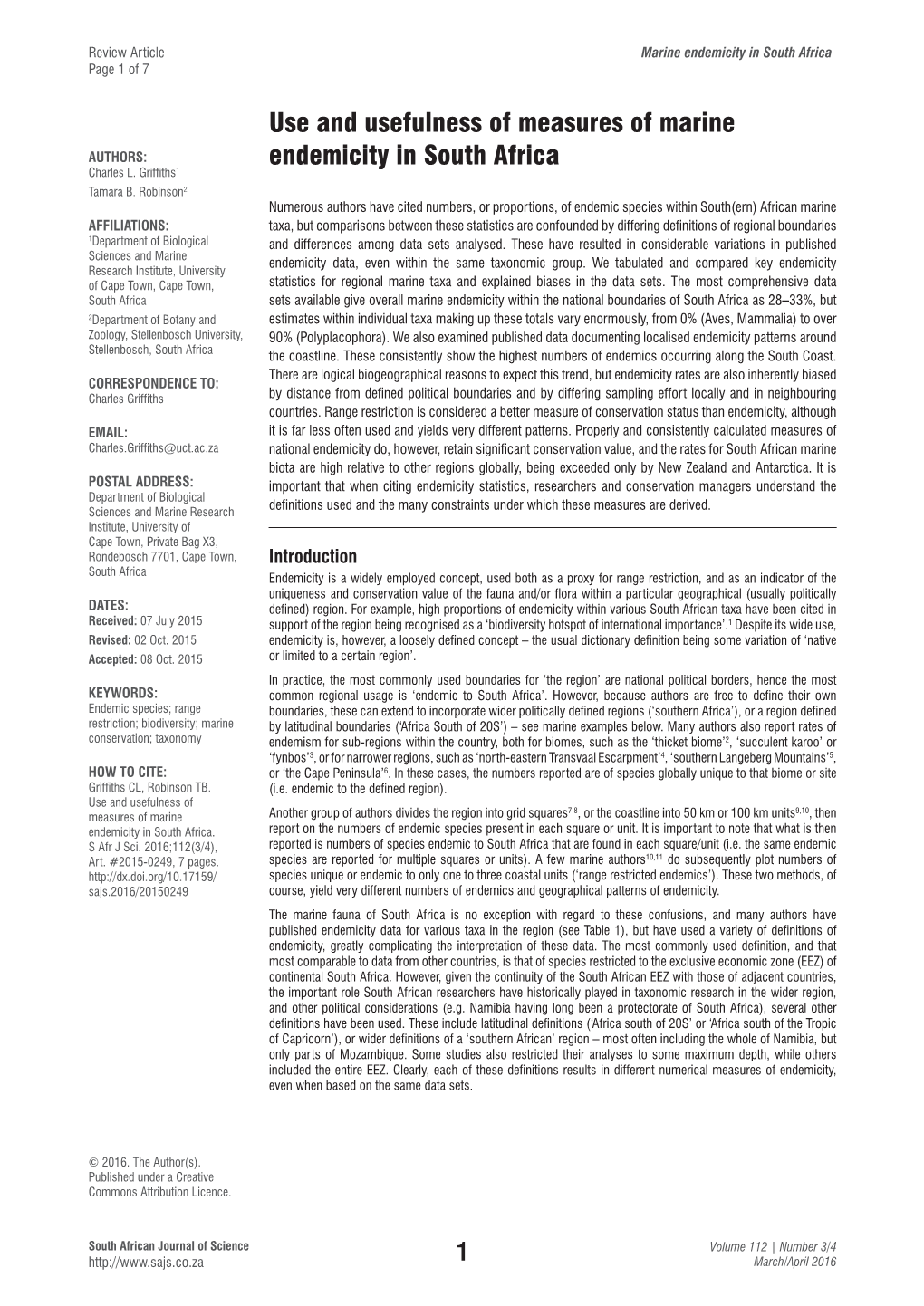 Use and Usefulness of Measures of Marine Endemicity in South Africa