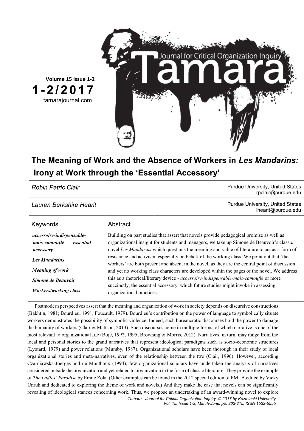 The Meaning of Work and the Absence of Workers in Les Mandarins: Irony at Work Through the ‘Essential Accessory’