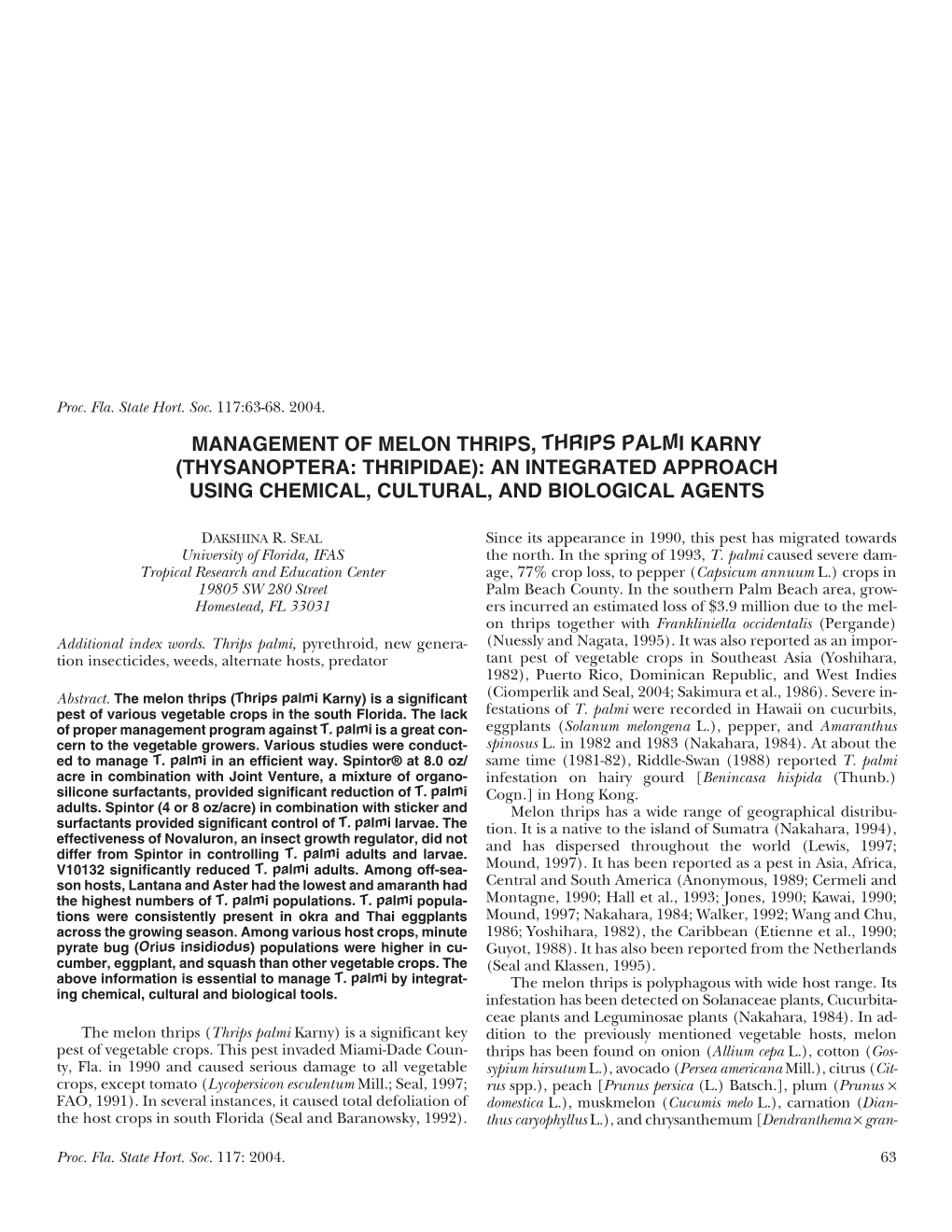 Management of Melon Thrips, Thrips Palmi Karny (Thysanoptera: Thripidae): an Integrated Approach Using Chemical, Cultural, and Biological Agents