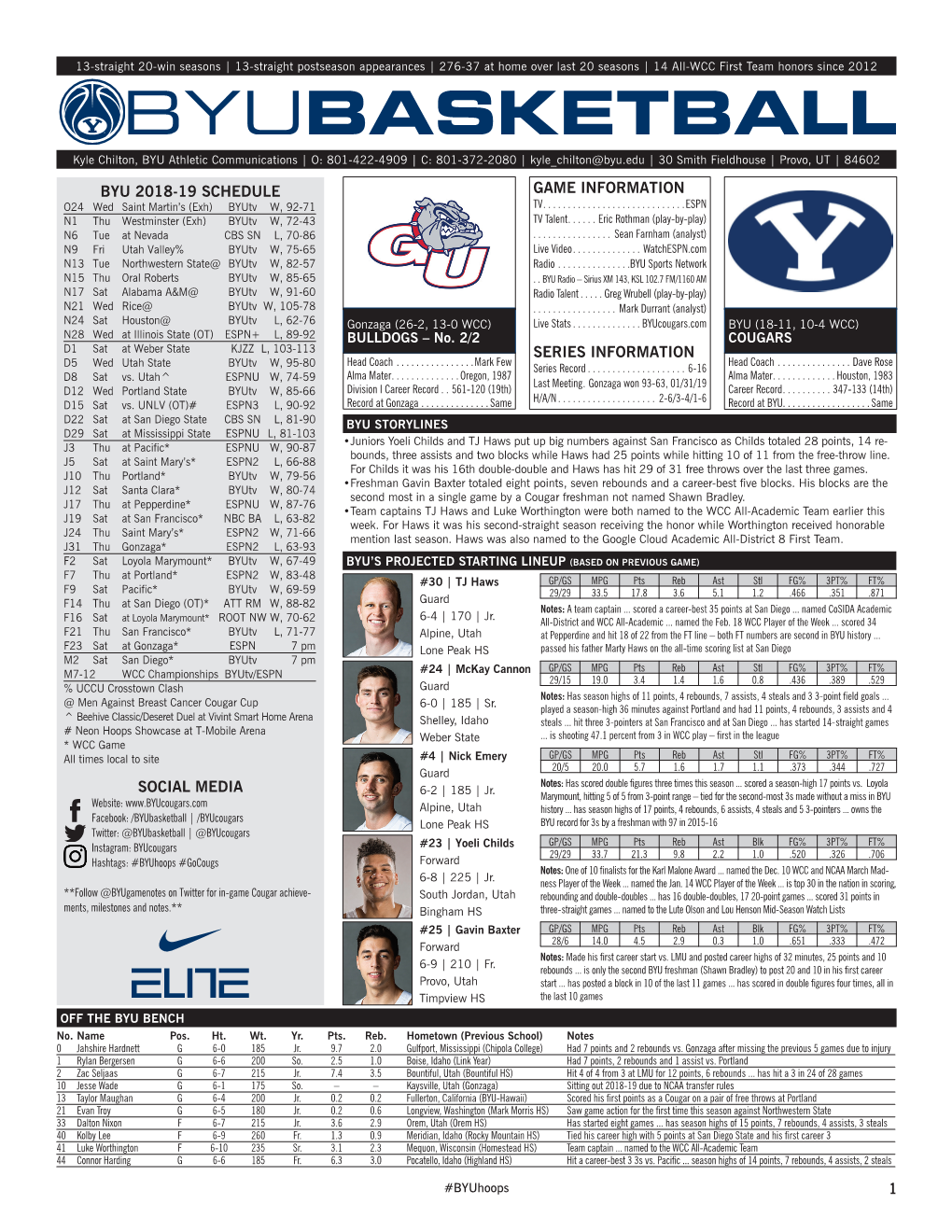 Byu 2018-19 Schedule Social Media 1 Game Information