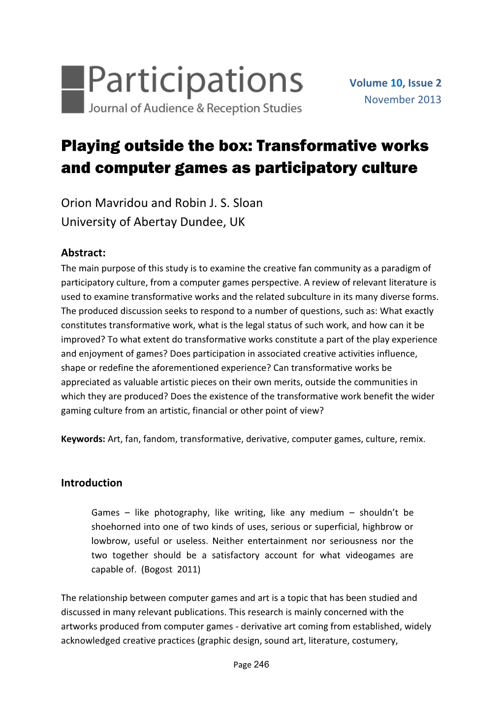 Transformative Works and Computer Games As Participatory Culture