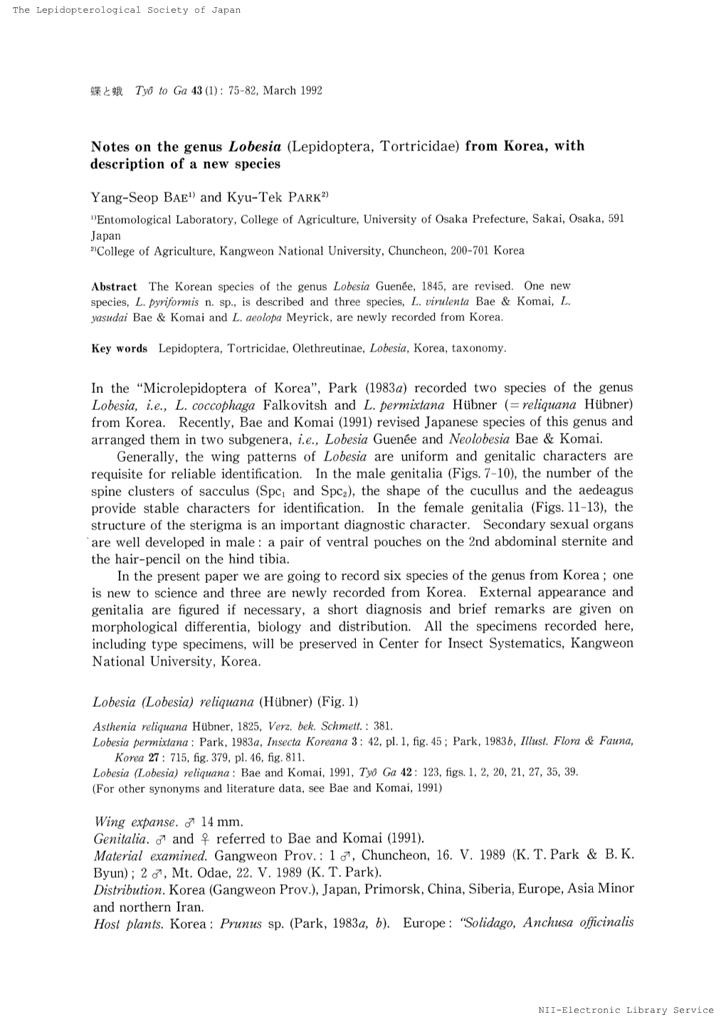 Lobesia (Lepidoptera, Tortricidae) from Korea, with Description of a New Species