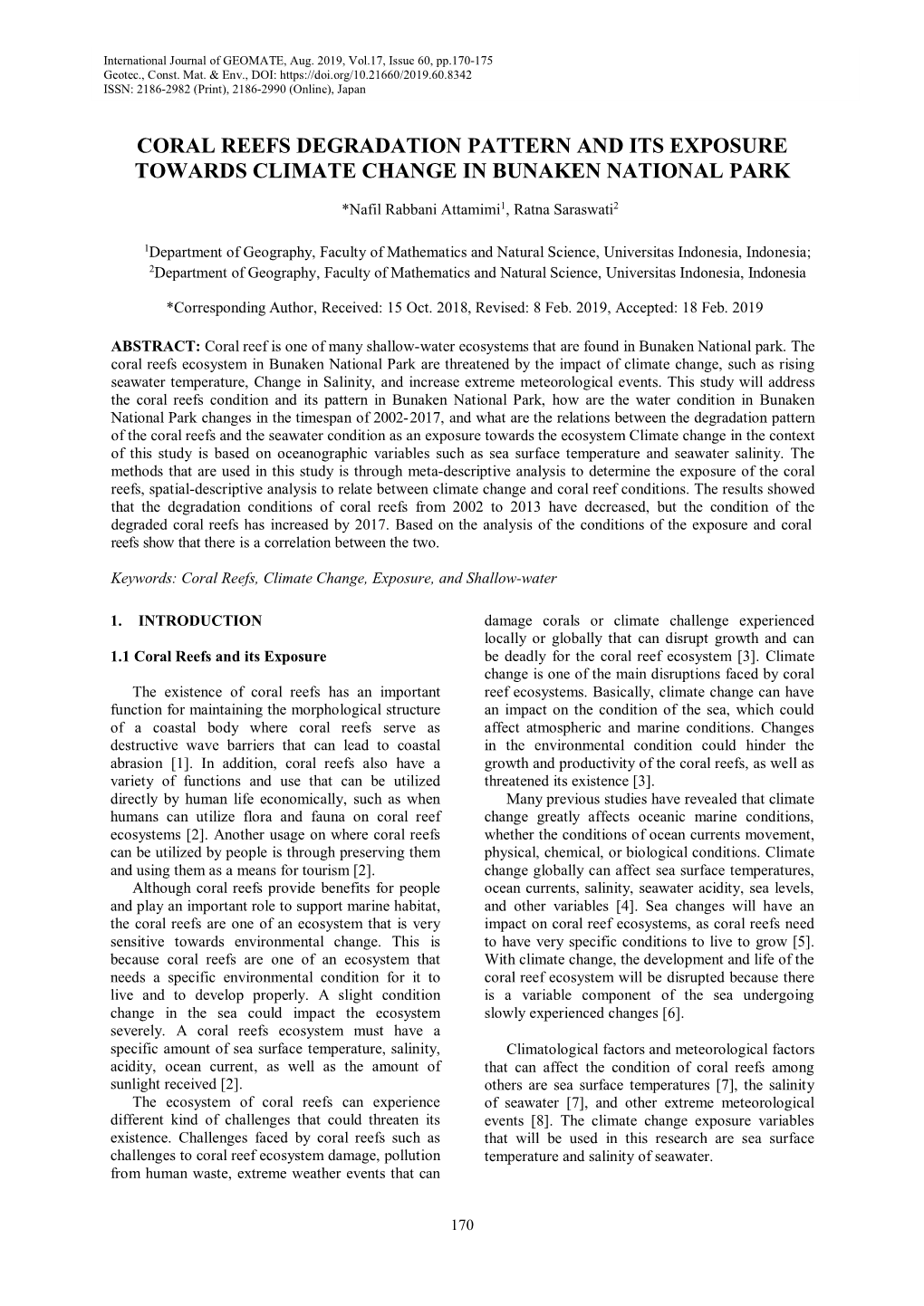 Coral Reefs Degradation Pattern and Its Exposure Towards Climate Change in Bunaken National Park