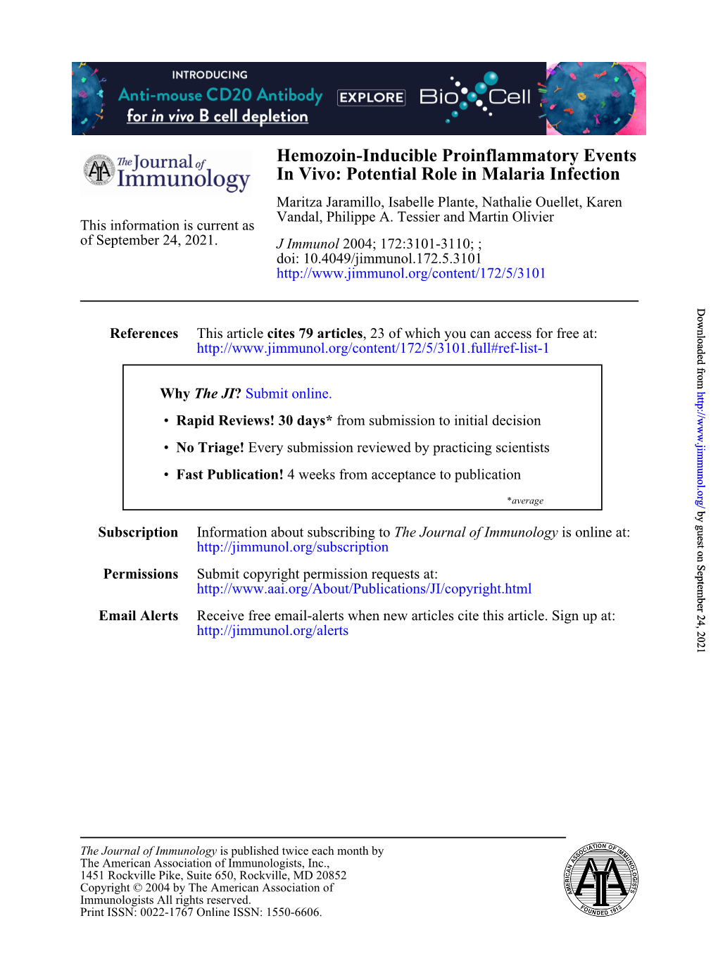 Potential Role in Malaria Infection Hemozoin-Inducible Proinflammatory Events