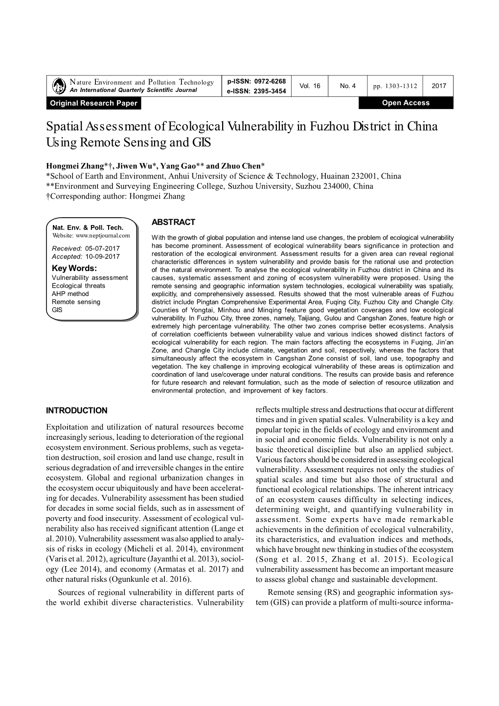 Spatial Assessment of Ecological Vulnerability in Fuzhou District in China Using Remote Sensing and GIS