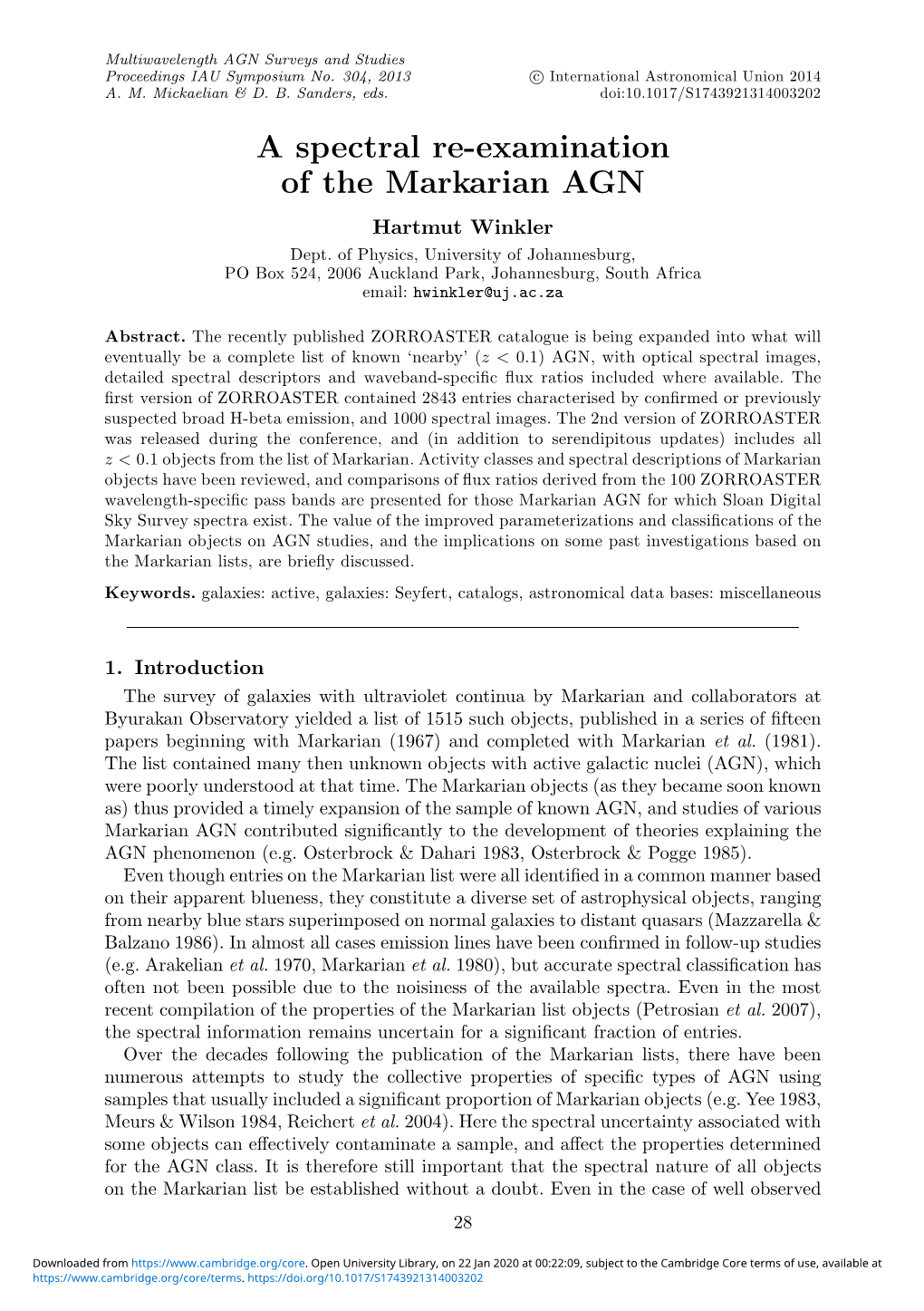 A Spectral Re-Examination of the Markarian AGN Hartmut Winkler Dept