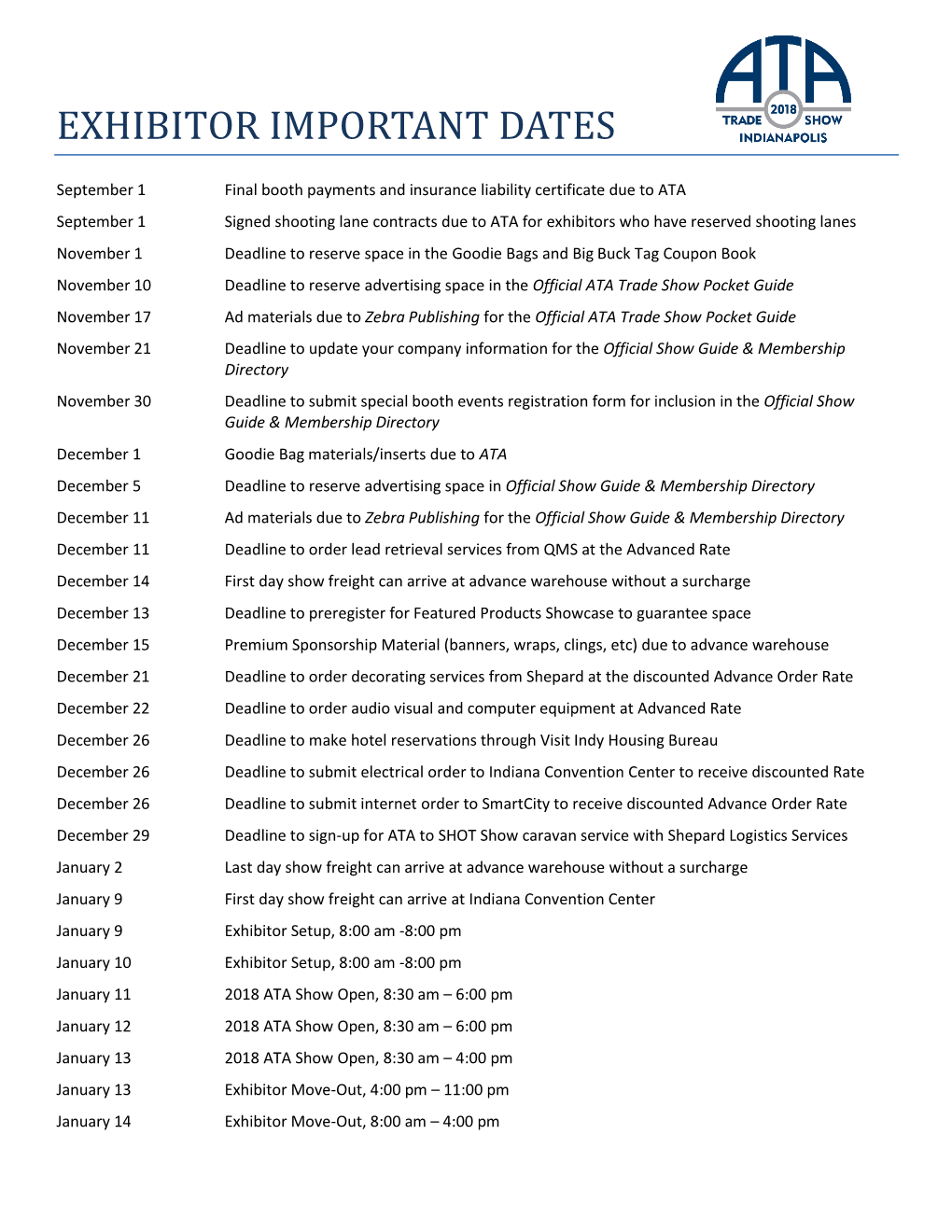 Exhibitor Important Dates