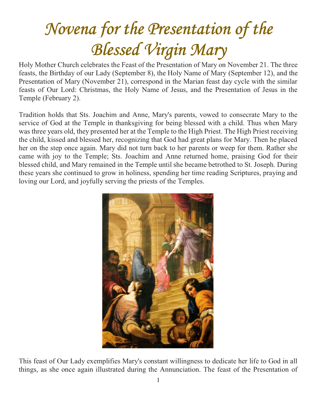 Novena for the Presentation of the Blessed Virgin Mary Holy Mother Church Celebrates the Feast of the Presentation of Mary on November 21