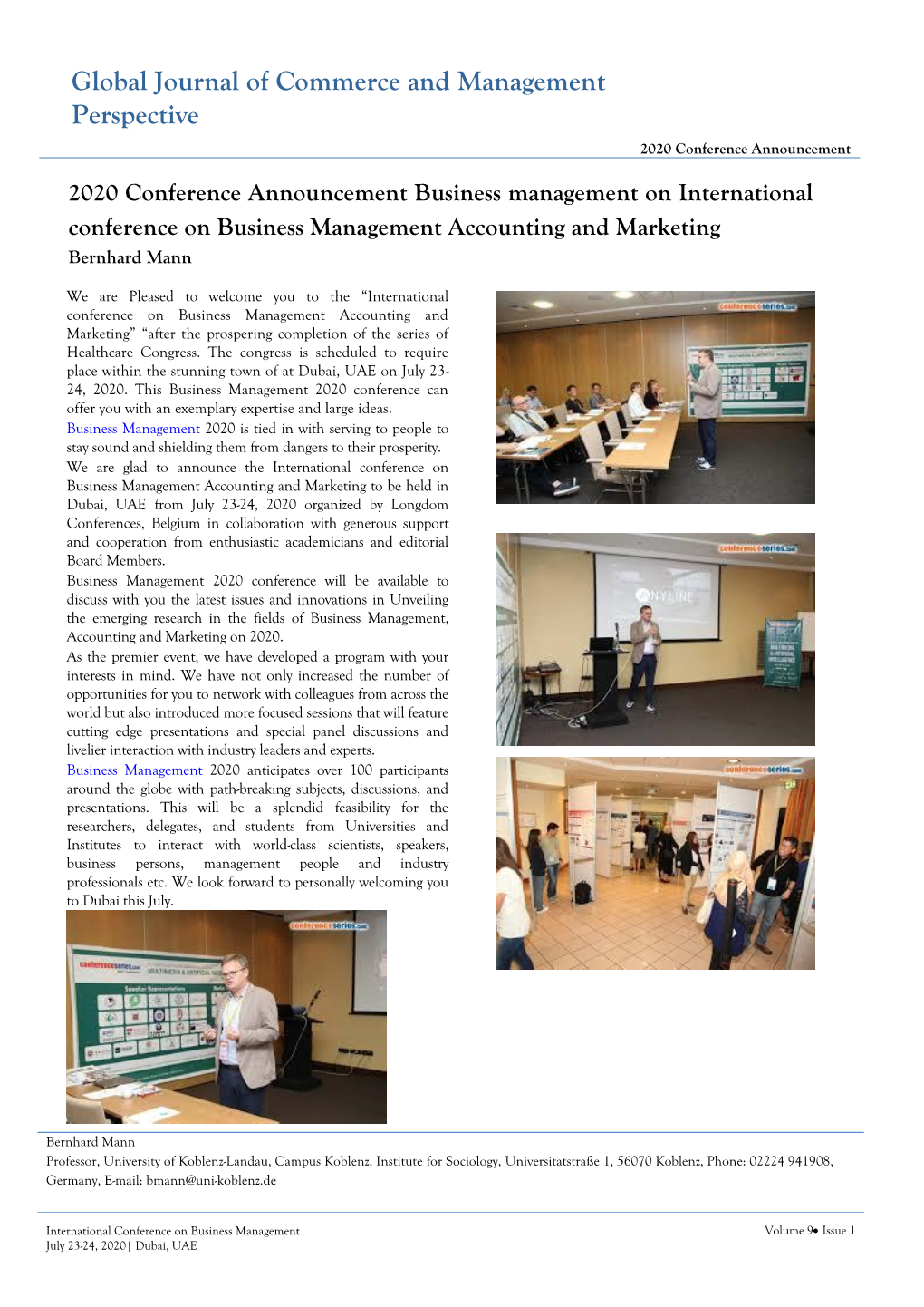 2020 Conference Announcement Business Management on International Conference on Business Management Accounting and Marketing Bernhard Mann