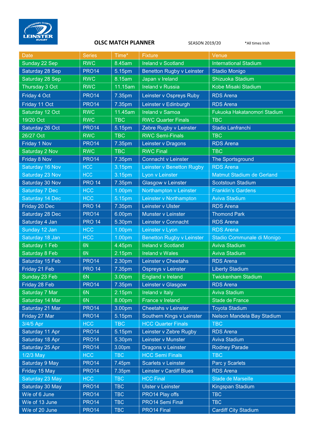 OLSC MATCH PLANNER SEASON 2019/20 *All Times Irish