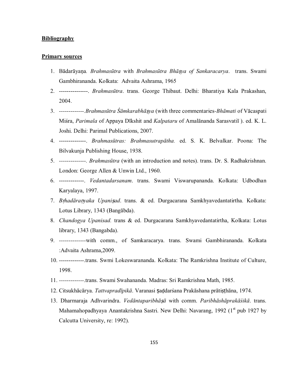 Bibliography Primary Sources 1. Bādarāyaņa . Brahmasūtra With