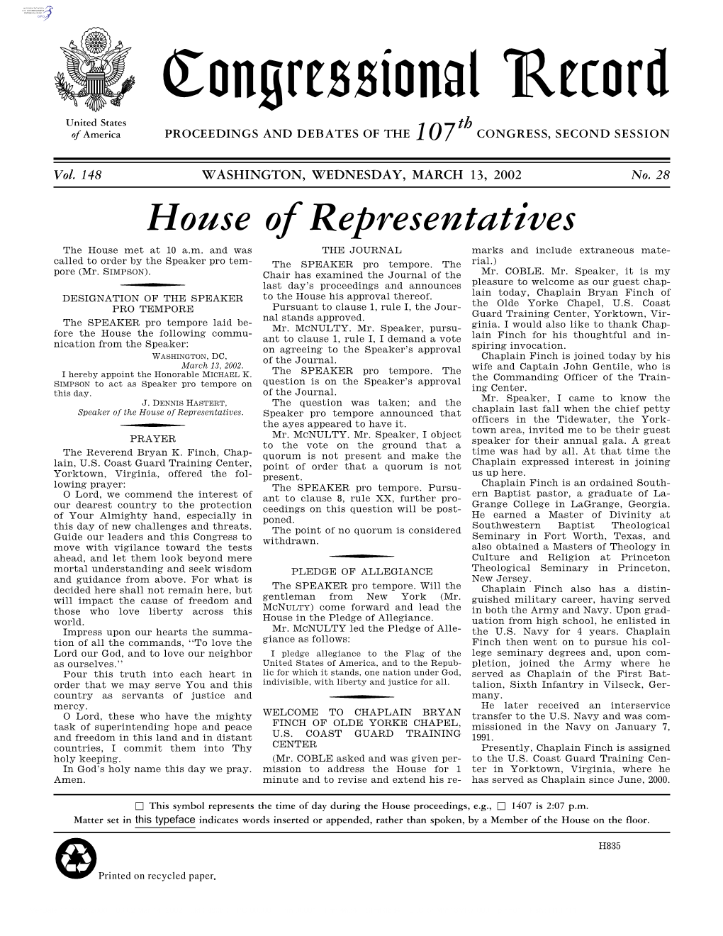 Congressional Record United States Th of America PROCEEDINGS and DEBATES of the 107 CONGRESS, SECOND SESSION