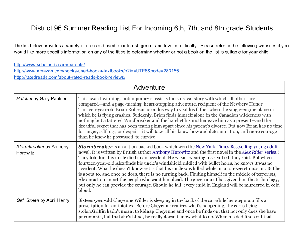 District 96 Summer Reading List for Incoming 6Th, 7Th, and 8Th Grade Students