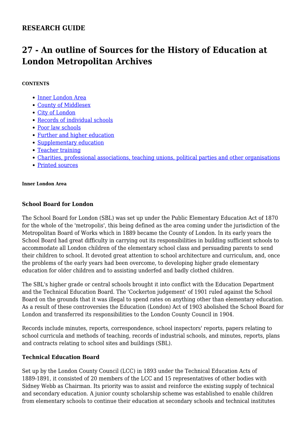 27 - an Outline of Sources for the History of Education at London Metropolitan Archives