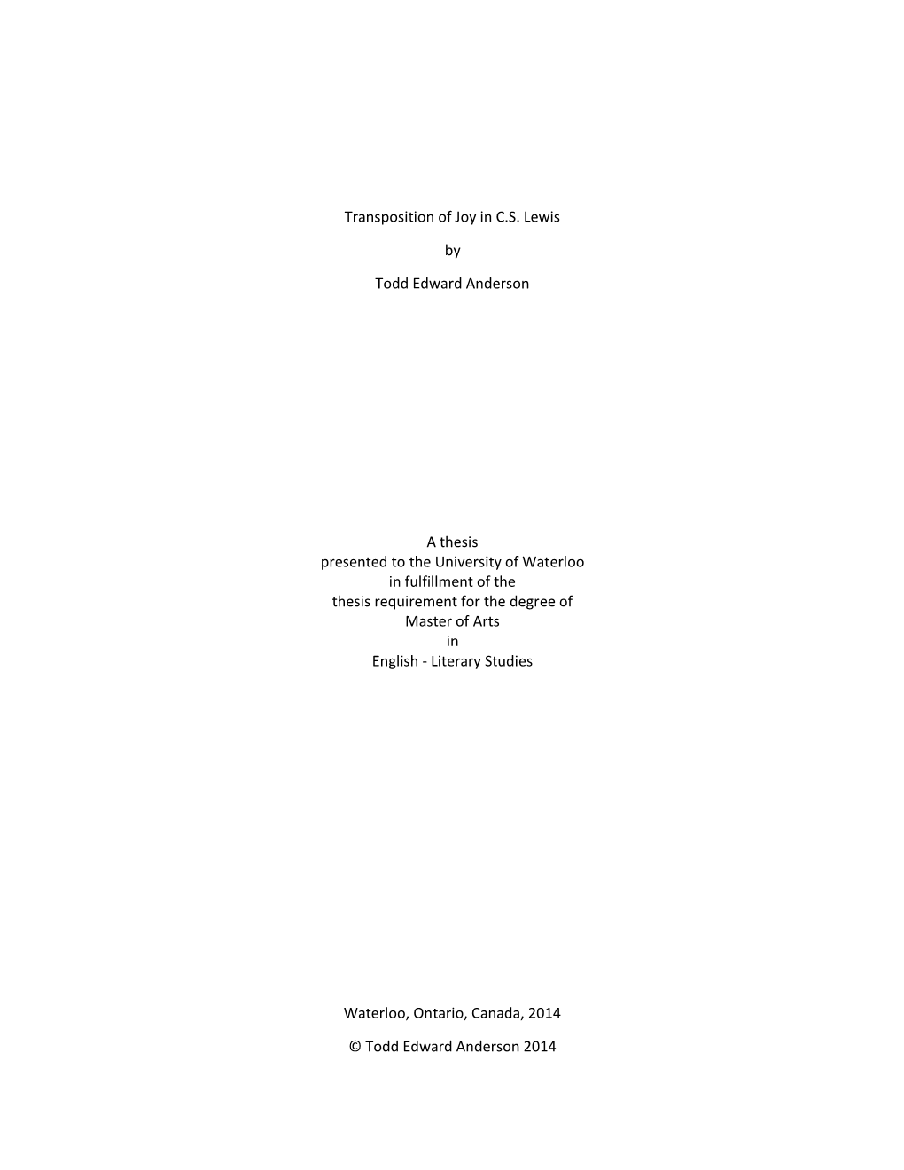 Transposition of Joy in C.S. Lewis by Todd Edward Anderson a Thesis