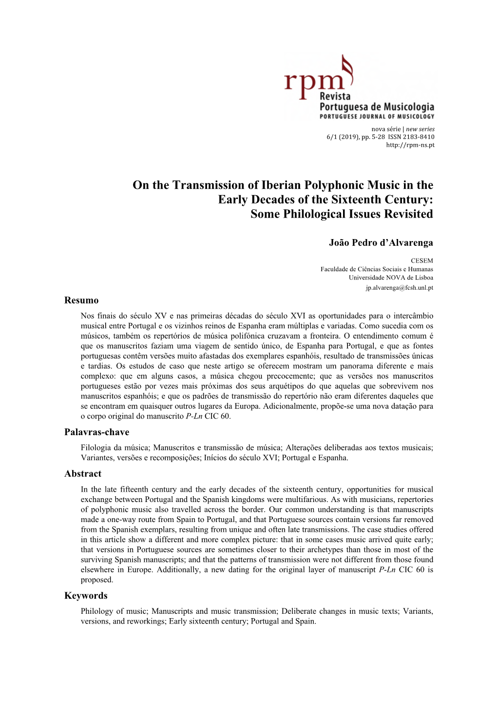 On the Transmission of Iberian Polyphonic Music in the Early Decades of the Sixteenth Century: Some Philological Issues Revisited