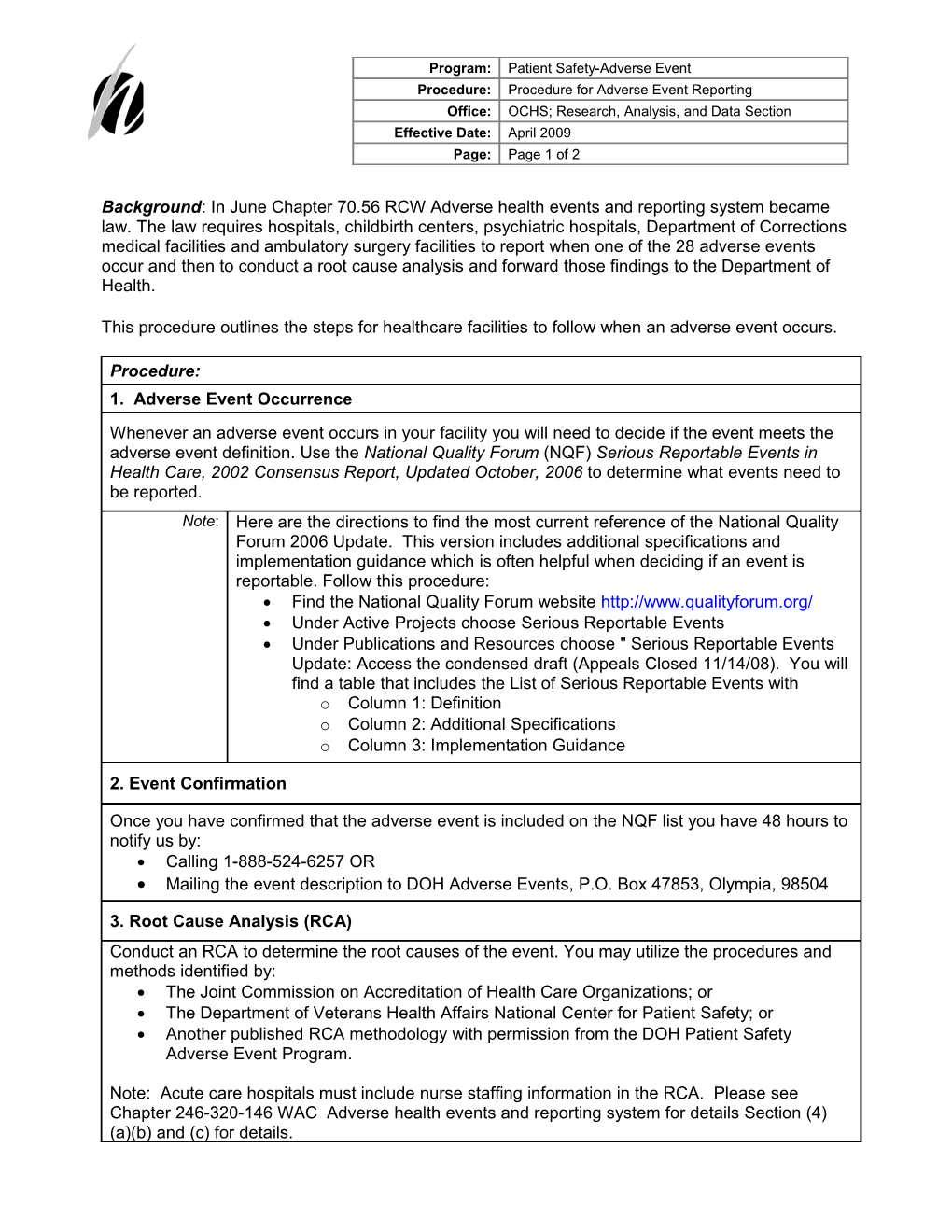 This Procedure Outlines the Steps for Healthcare Facilities to Follow When an Adverse Event