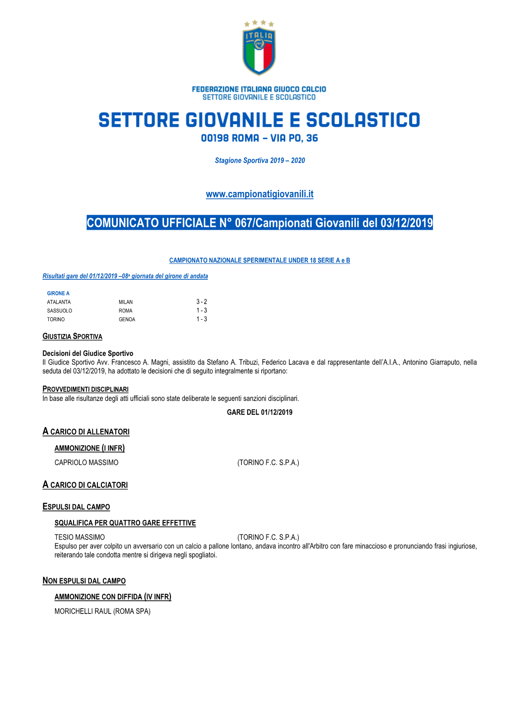 COMUNICATO UFFICIALE N° 067/Campionati Giovanili Del 03/12/2019