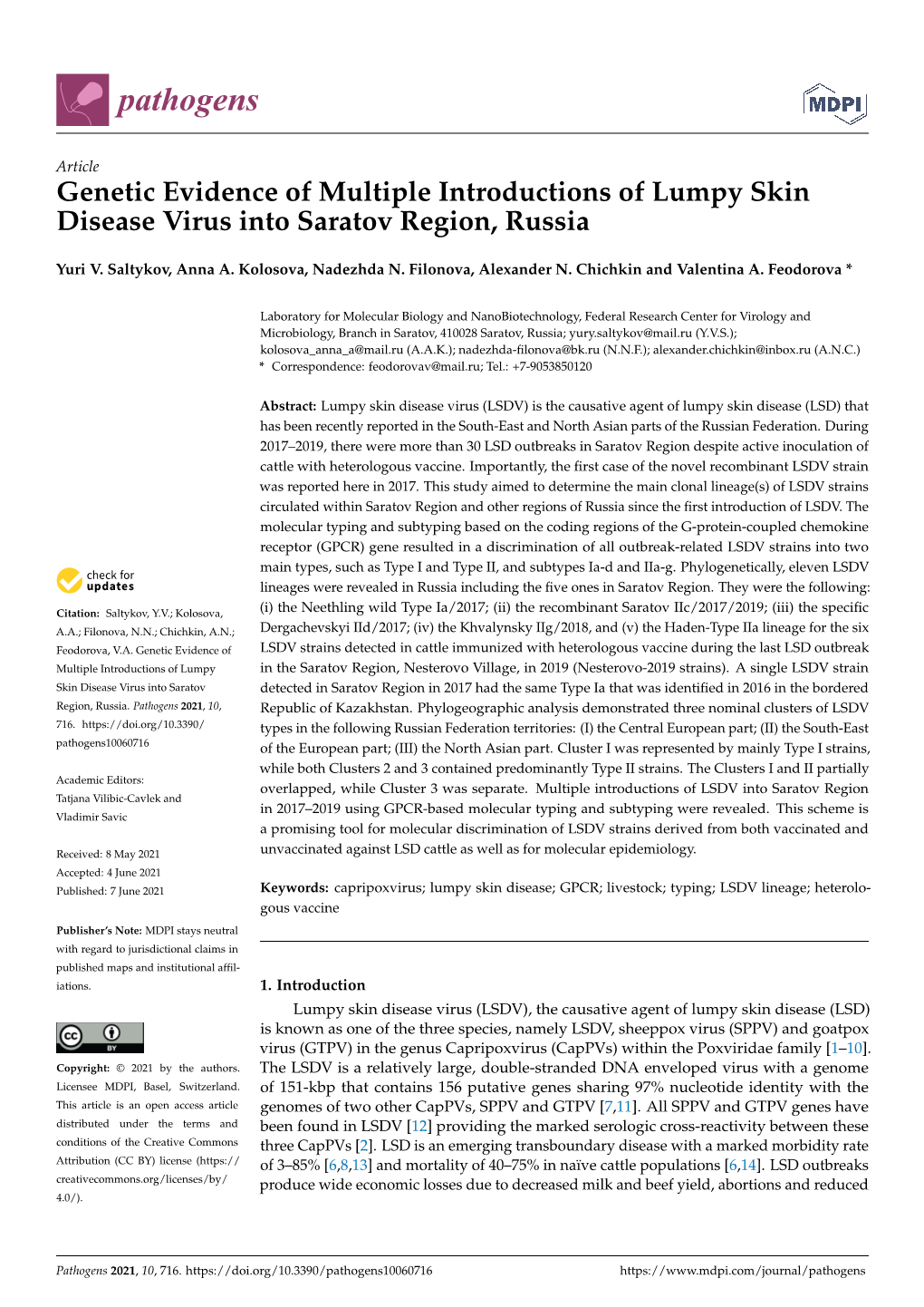 Genetic Evidence of Multiple Introductions of Lumpy Skin Disease Virus Into Saratov Region, Russia