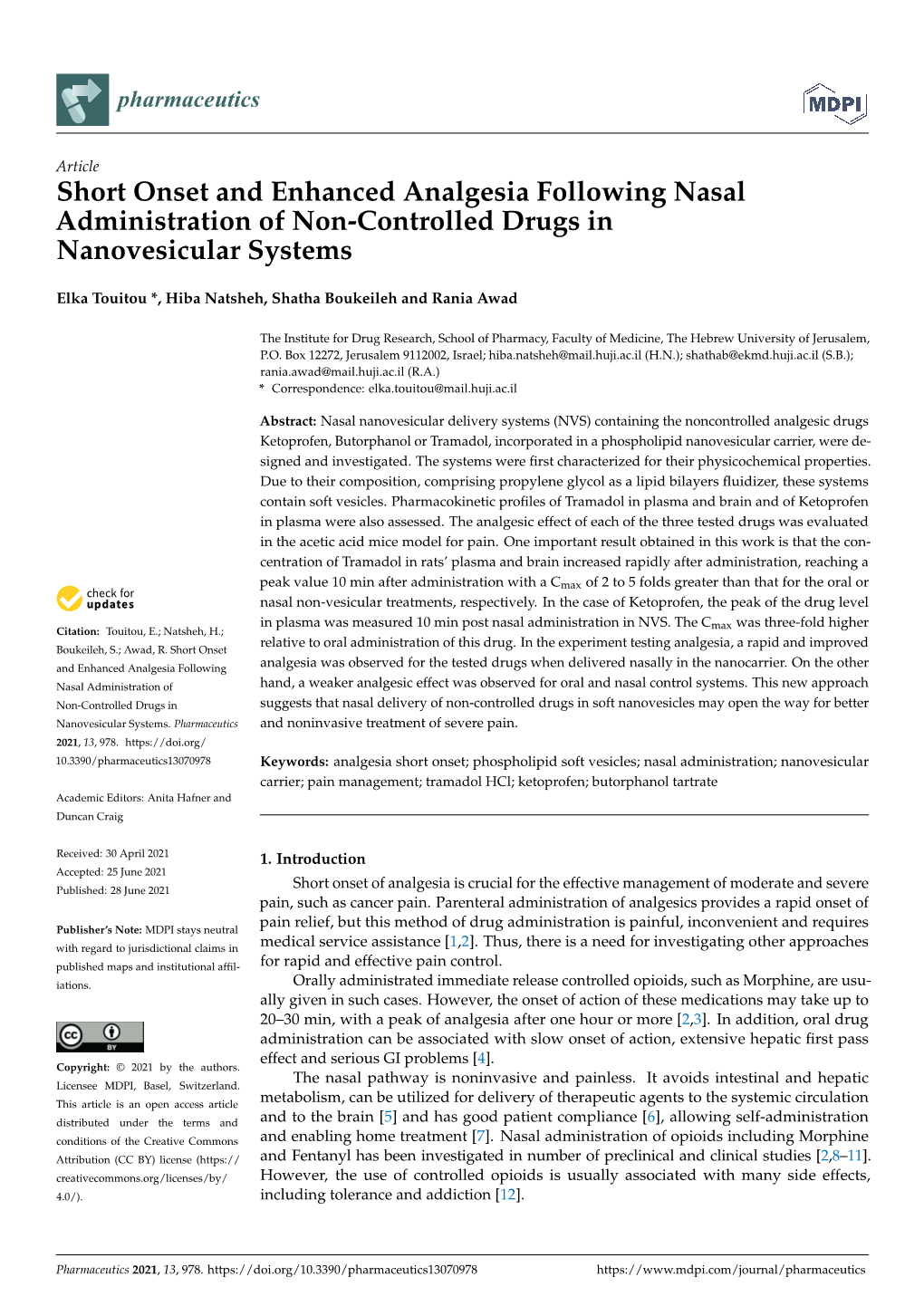 Short Onset and Enhanced Analgesia Following Nasal Administration of Non-Controlled Drugs in Nanovesicular Systems