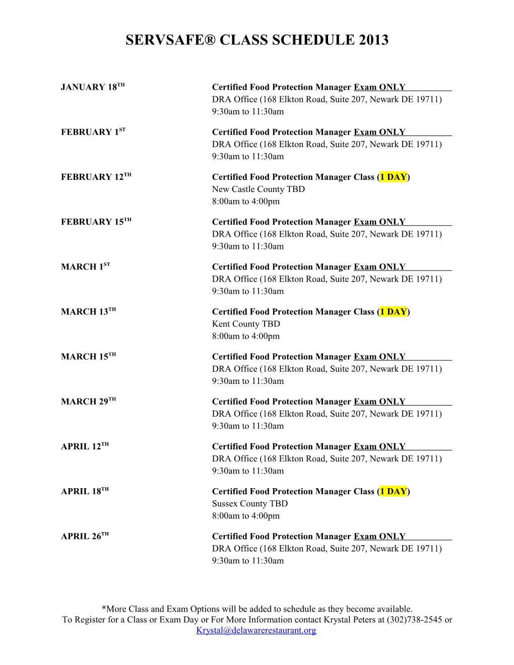 Servsafe Class Schedule 2013