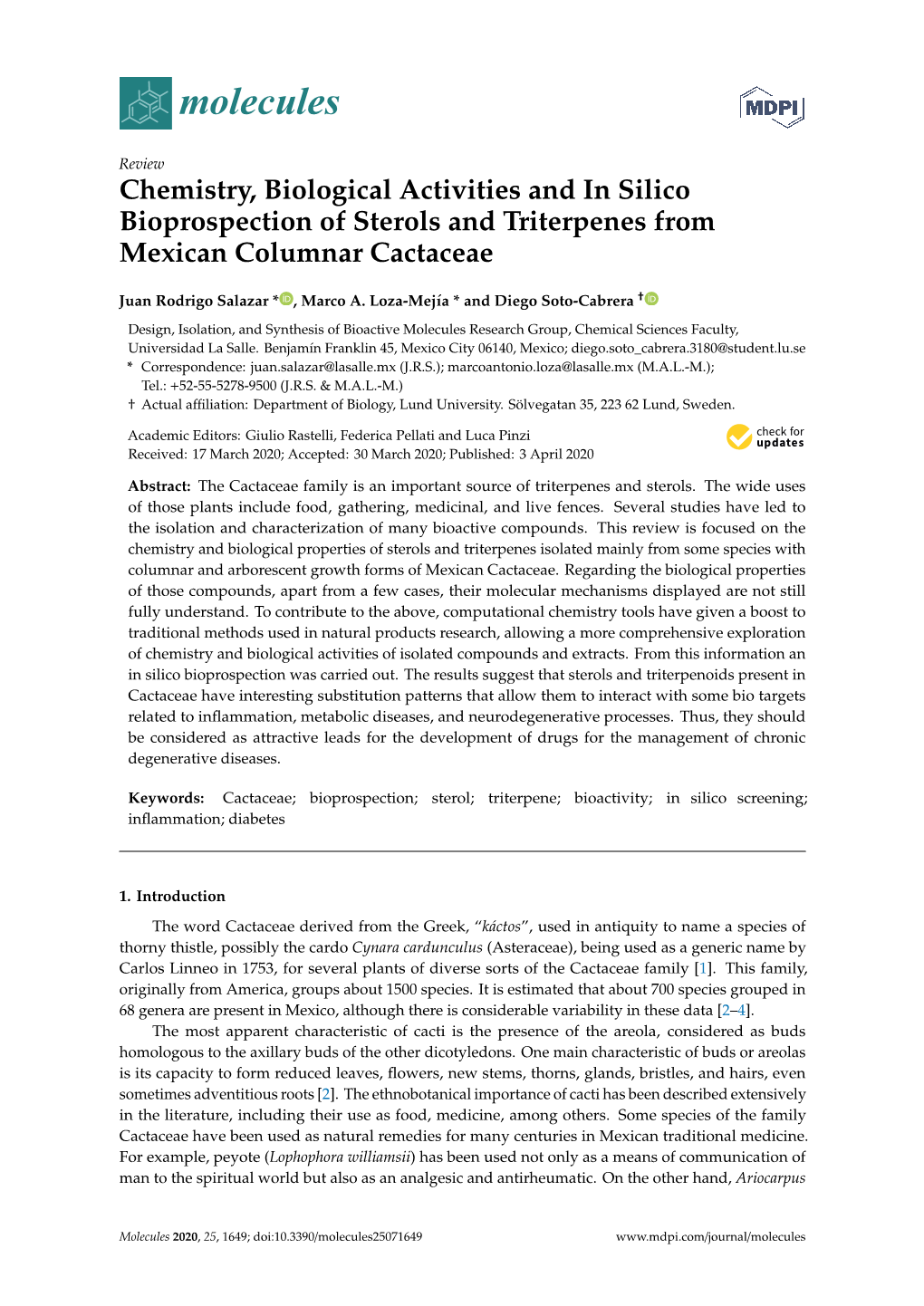 Chemistry, Biological Activities and in Silico Bioprospection of Sterols and Triterpenes from Mexican Columnar Cactaceae