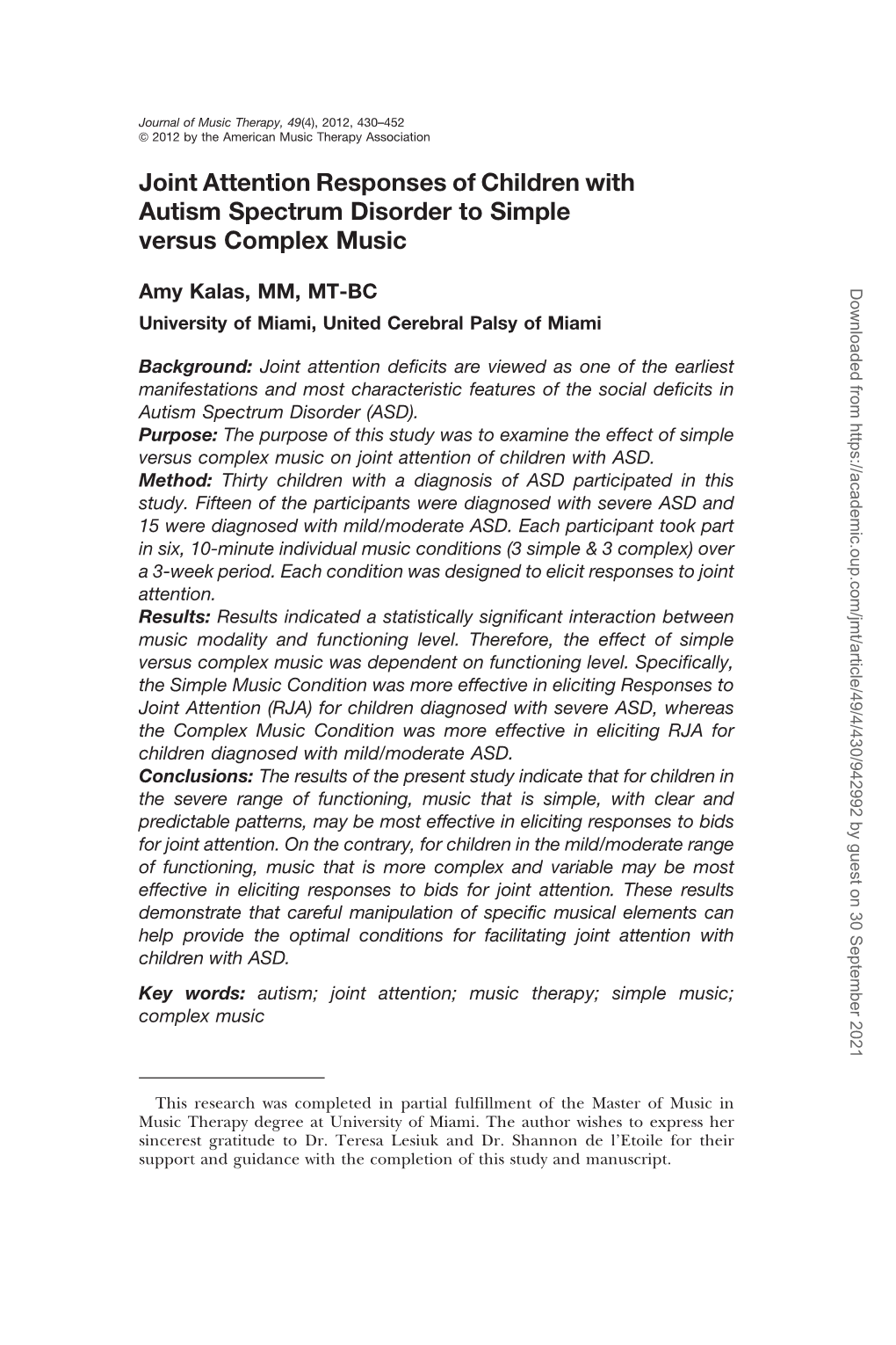 Joint Attention Responses of Children with Autism Spectrum Disorder to Simple Versus Complex Music