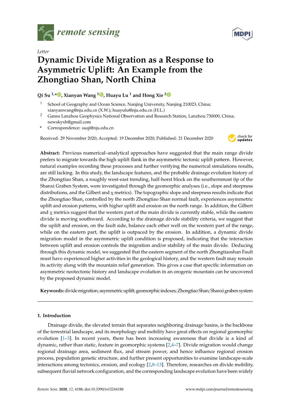 Dynamic Divide Migration As a Response to Asymmetric Uplift: an Example from the Zhongtiao Shan, North China