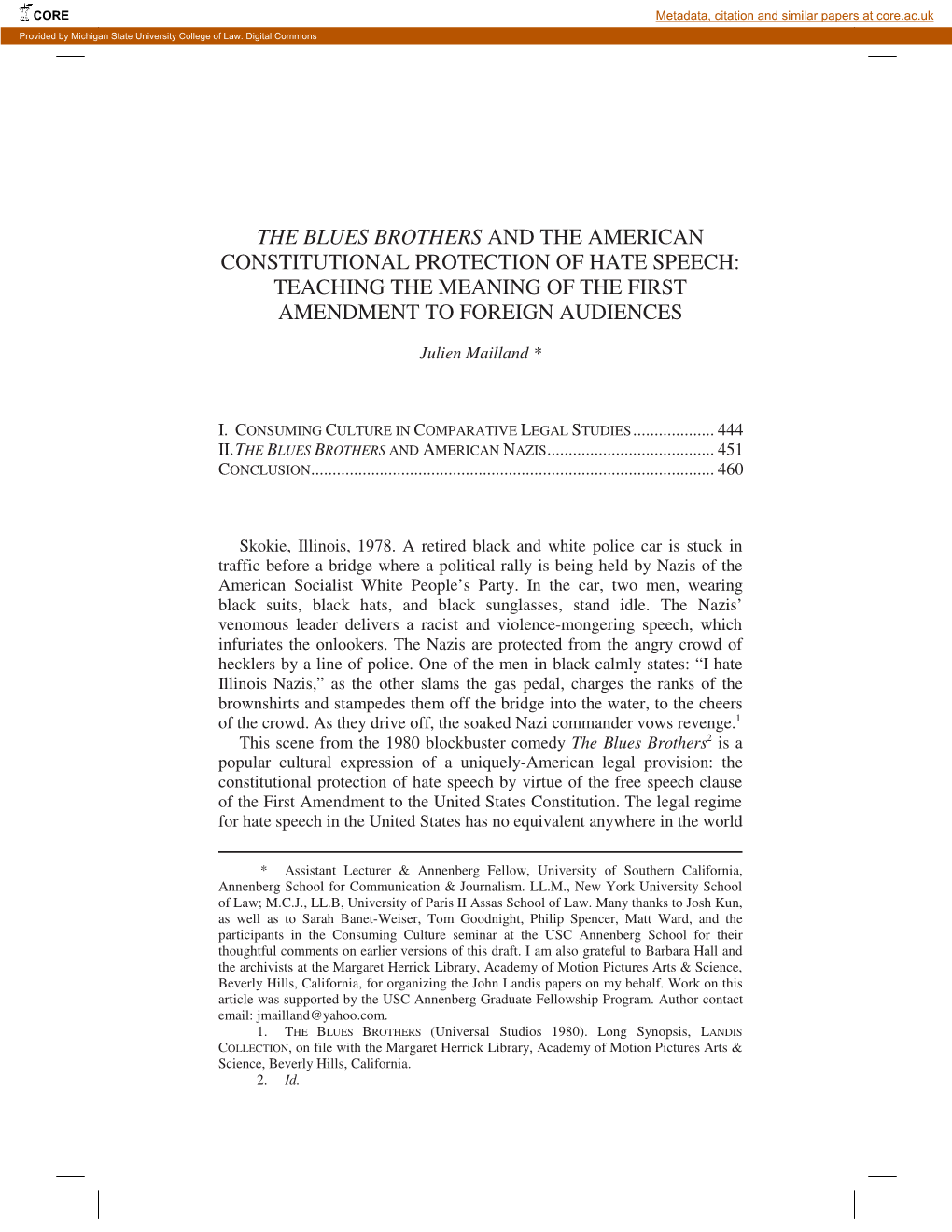 The Blues Brothers and the American Constitutional Protection of Hate Speech: Teaching the Meaning of the First Amendment to Foreign Audiences