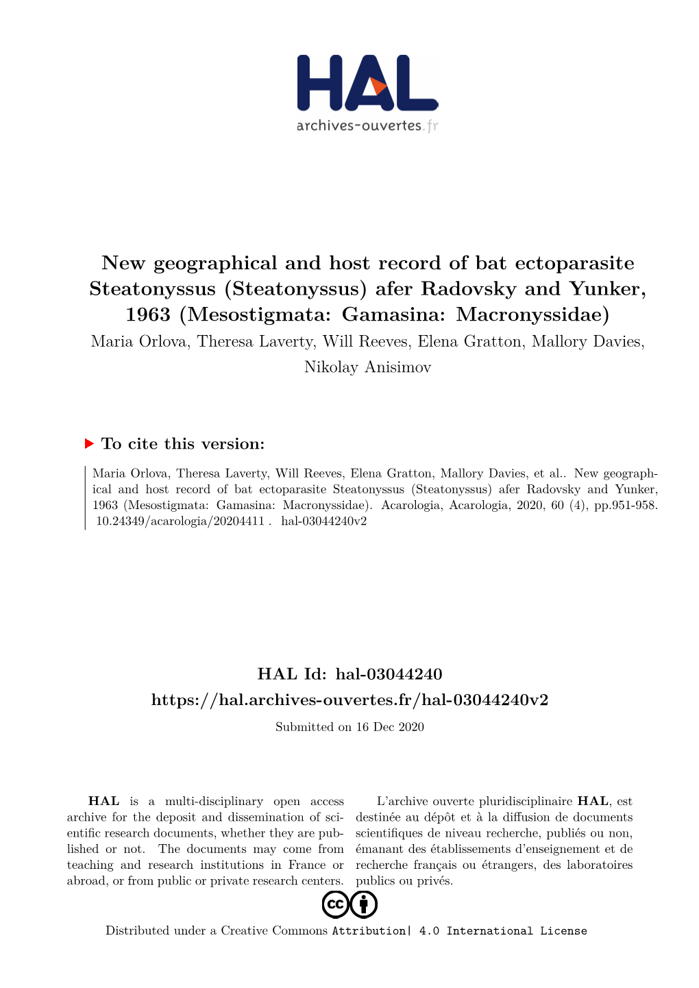 New Geographical and Host Record of Bat Ectoparasite Steatonyssus