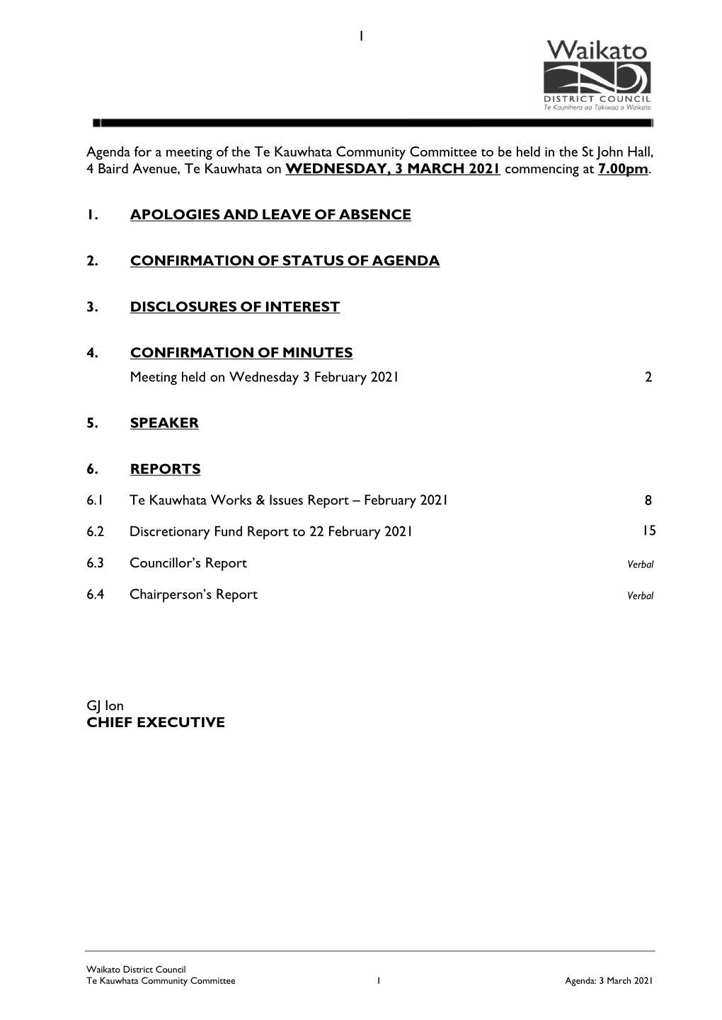 Agenda for a Meeting of the Te Kauwhata Community Committee To