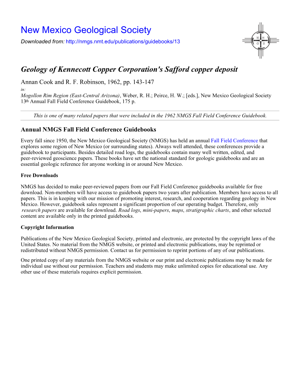 Geology of Kennecott Copper Corporation's Safford Copper Deposit Annan Cook and R
