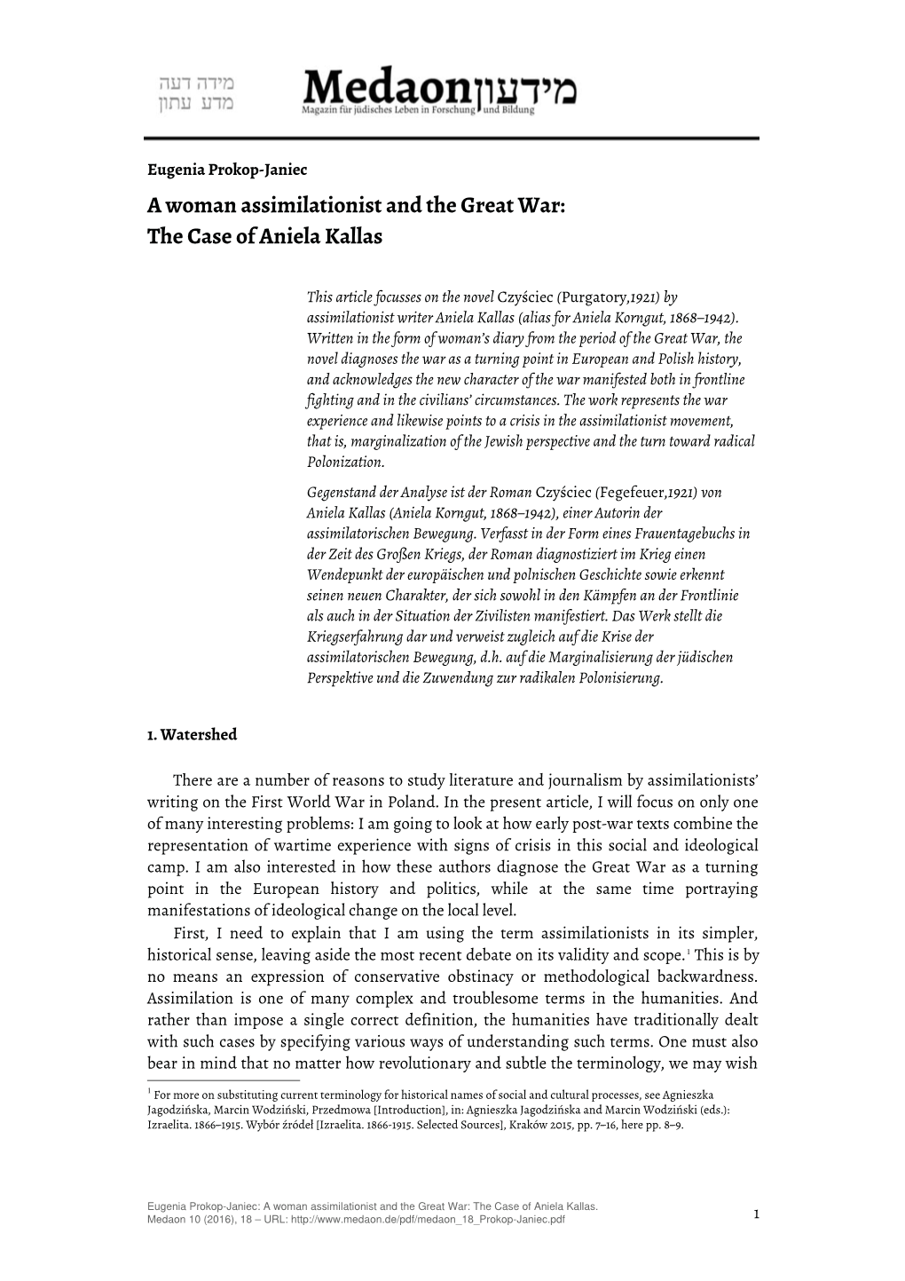 A Woman Assimilationist and the Great War: the Case of Aniela Kallas