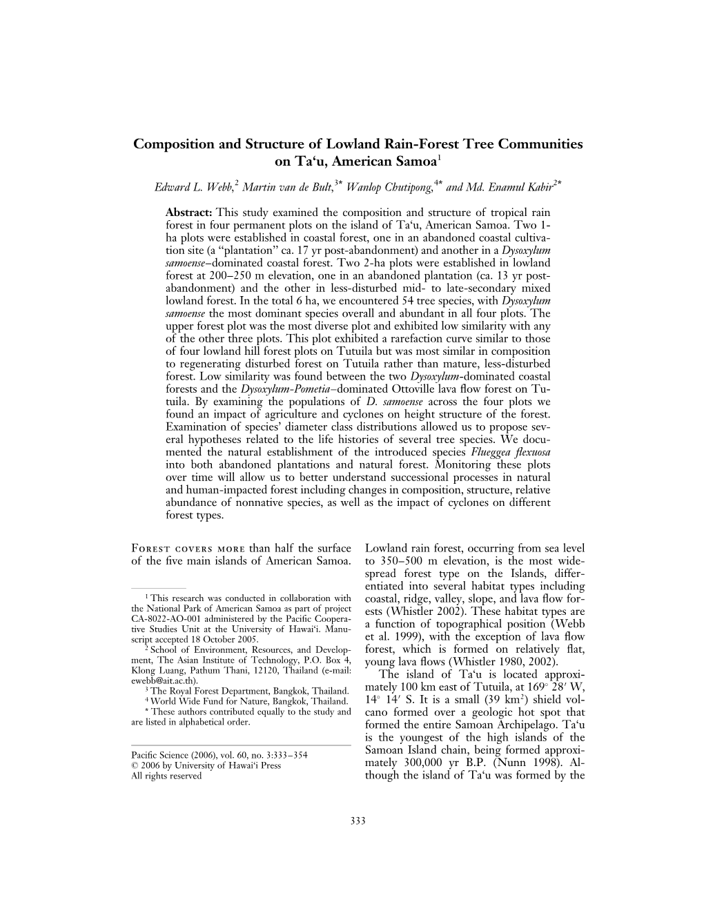 Composition and Structure of Lowland Rain-Forest Tree Communities on Ta‘U, American Samoa1