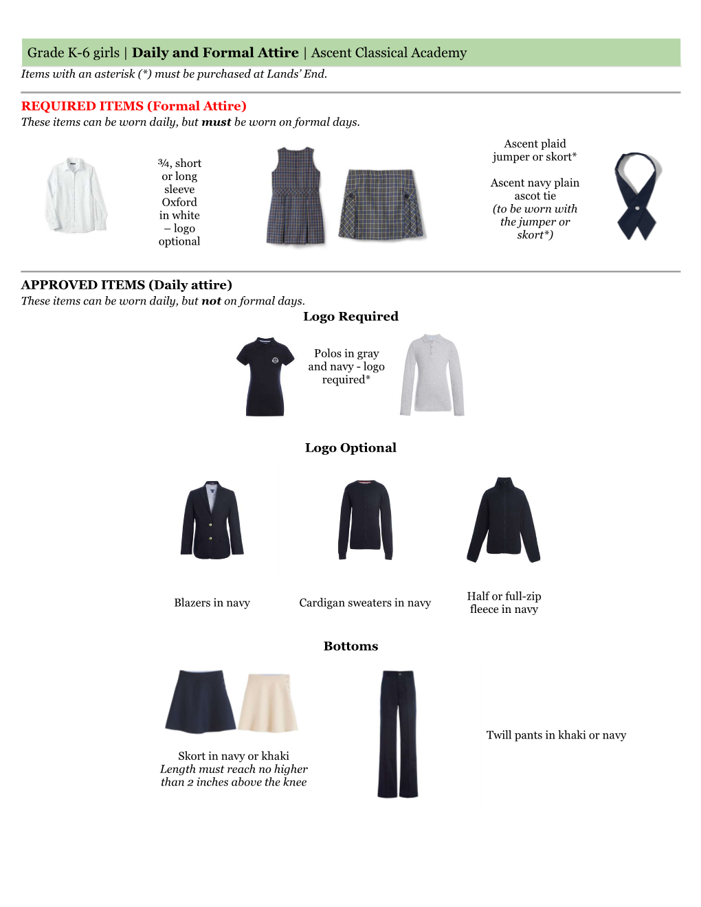 Daily and Formal Attire | Ascent Classical Academy Items with an Asterisk (*) Must Be Purchased at Lands’ End