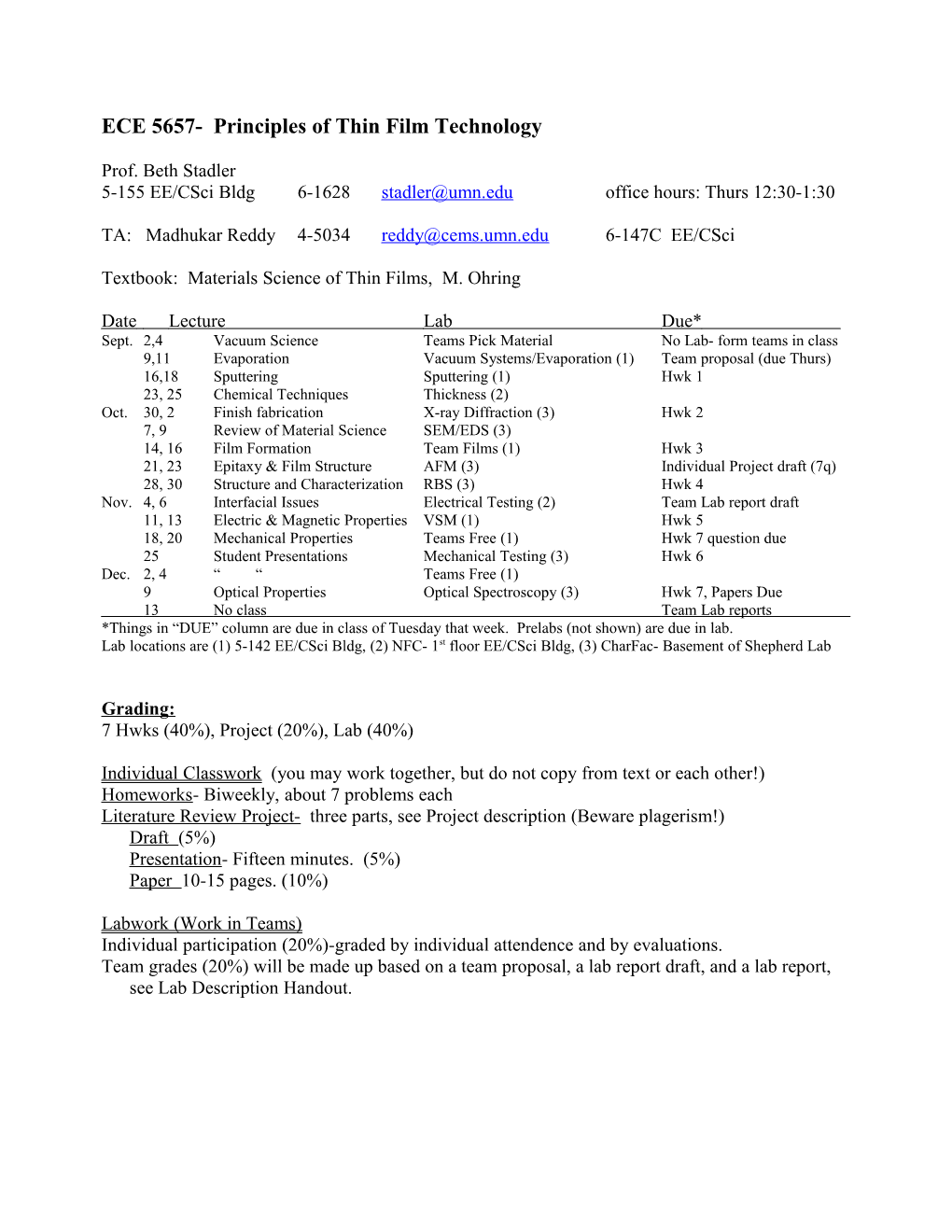 ECE 5657- Principles of Thin Film Technology