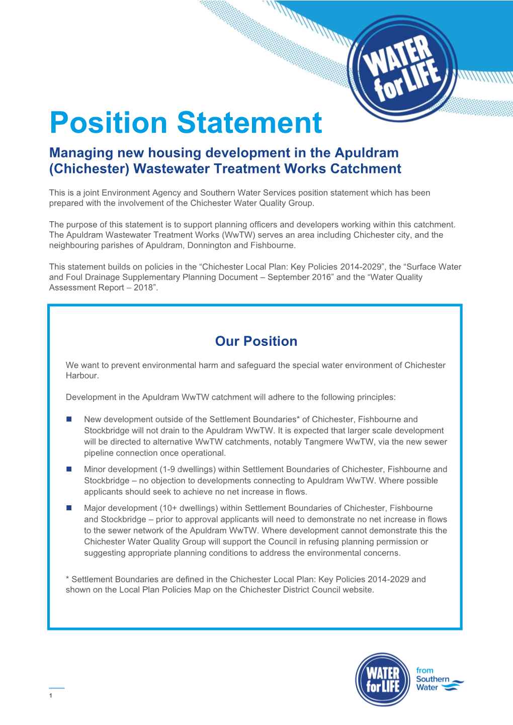 Position Statement Managing New Housing Development in the Apuldram (Chichester) Wastewater Treatment Works Catchment