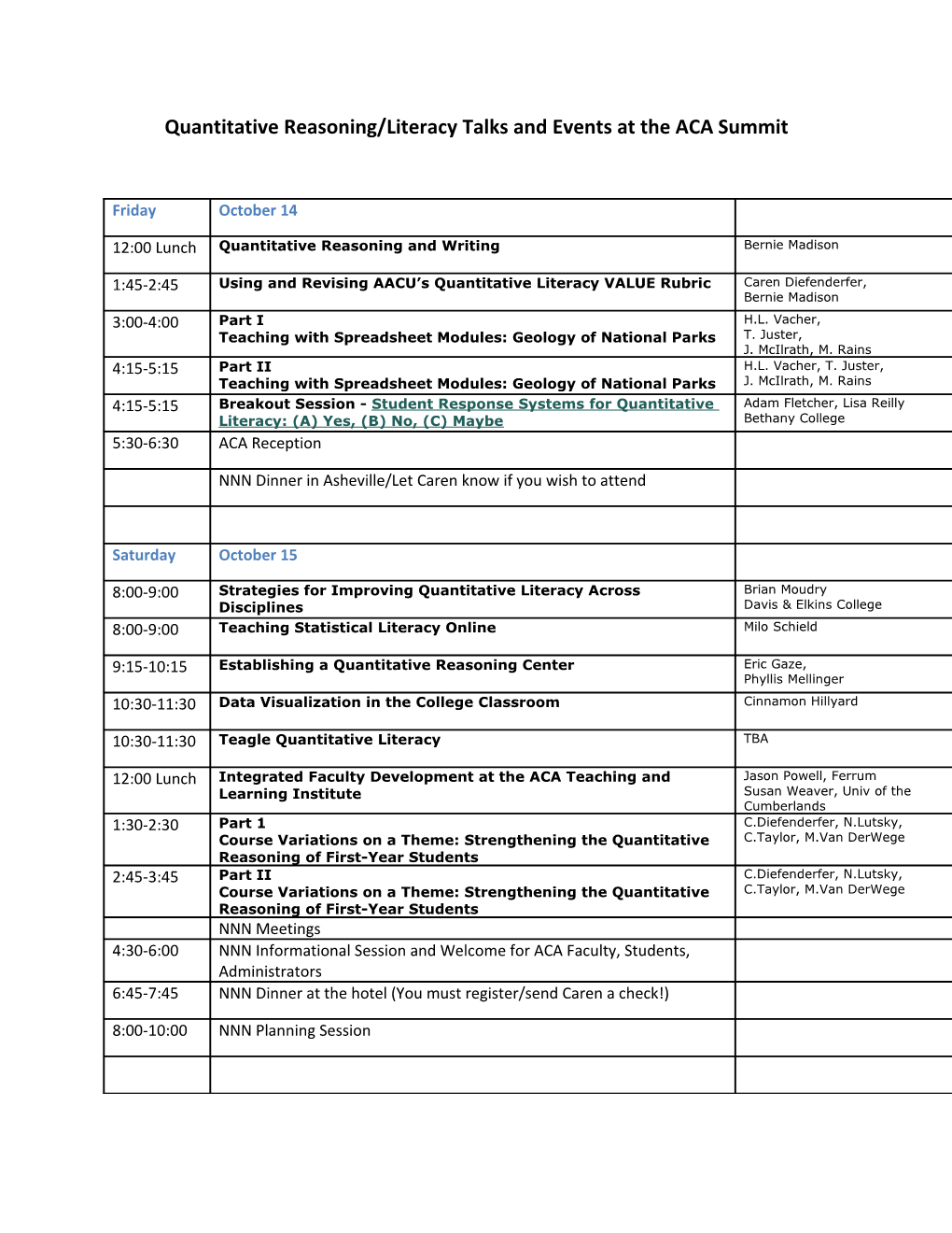 Quantitative Reasoning/Literacy Talks and Events at the ACA Summit